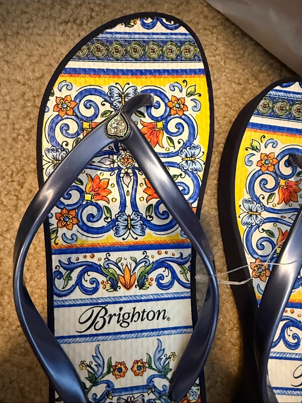 Brighton Navy and Multicolor Tile-Print Flip Flop Sandals - Picture 2 of 5